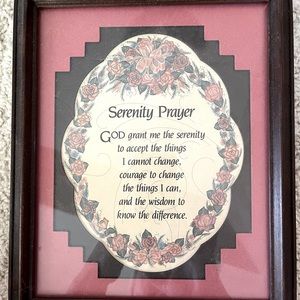 Lovely framed “serenity prayer” in dark wood frame with rose pink carved mat.